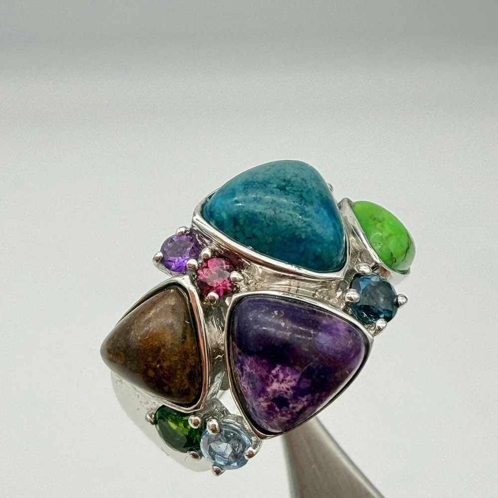 Vtg Lorenzo Sterling Silver Multi Gemstone Ring Turquoise Chrome Diopside QVC S7